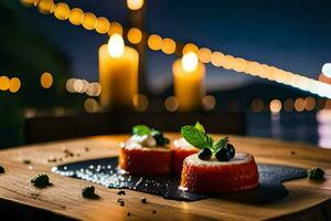 two small desserts on a wooden board with candles. AI-Generated photo