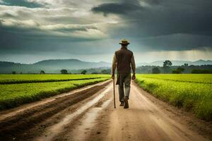 a man walking down a dirt road in the middle of a green field. AI-Generated photo