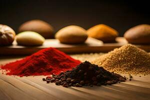 various spices and spices on a wooden table. AI-Generated photo