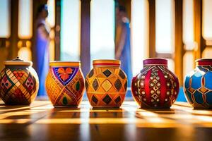 five colorful vases are lined up on a table. AI-Generated photo