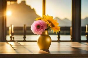 sunflowers in a vase on a table in front of a window. AI-Generated photo