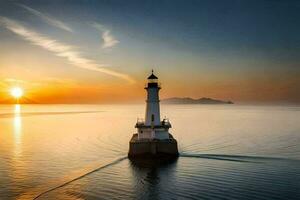 a lighthouse in the ocean at sunset. AI-Generated photo