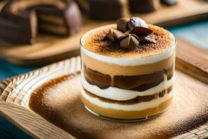 a dessert with chocolate and coffee on a wooden plate. AI-Generated photo