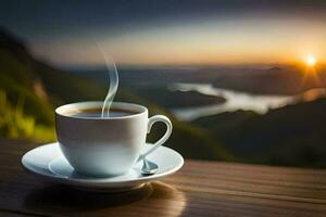coffee cup on the table with a view of the sunrise. AI-Generated photo
