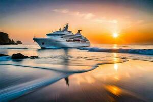 un crucero Embarcacion en el Oceano a puesta de sol. generado por ai foto