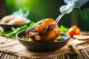 a person is holding a fork over a piece of chicken. AI-Generated photo