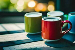 Tres café tazas sentar en un mesa. generado por ai foto