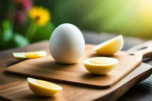 an egg on a cutting board with sliced eggs. AI-Generated photo