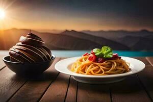 spaghetti and chocolate dessert on a wooden table. AI-Generated photo