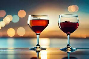 two glasses of wine on a table in front of a city skyline. AI-Generated photo