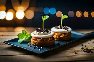 two small cakes on a black plate with a light background. AI-Generated photo