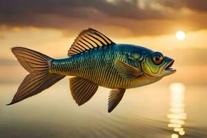 un pescado es volador terminado el agua a puesta de sol. generado por ai foto