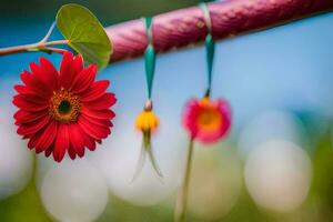 red flower hanging from a branch with green leaves. AI-Generated photo