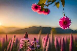 flowers, purple, field, sunset, mountains, flowers, nature, nature photography, nature. AI-Generated photo