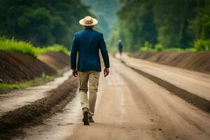 a man in a suit and hat walks down a dirt road. AI-Generated photo