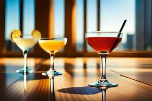 three different cocktails sit on a table in front of a city skyline. AI-Generated photo