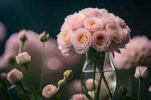 pink roses in a vase on a dark background. AI-Generated photo