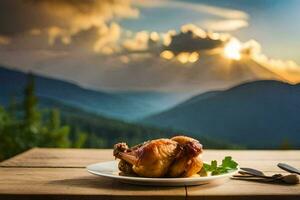 a plate of chicken on a table in the mountains. AI-Generated photo