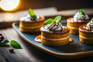 small cakes with whipped cream and mint leaves on a black plate. AI-Generated photo