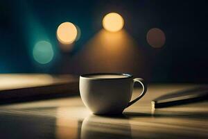 a cup of coffee on a table in front of a blurry background. AI-Generated photo
