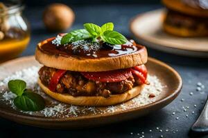 a hamburger with tomato sauce and cheese on a plate. AI-Generated photo