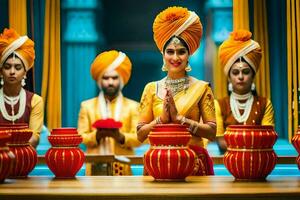 a woman in traditional indian attire is holding a pot. AI-Generated photo