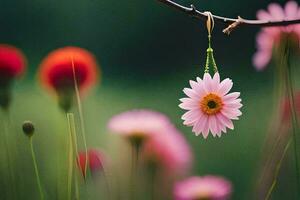 a pink flower hanging from a branch in a field. AI-Generated photo