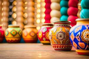 colorful vases are lined up on a table. AI-Generated photo