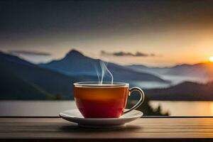 a cup of coffee on the terrace of a mountain house. AI-Generated photo