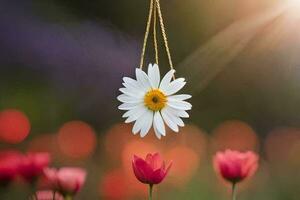 a daisy hanging from a string in a field. AI-Generated photo