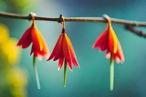 three red flowers hanging from a branch. AI-Generated photo