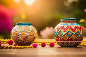 two colorful vases with flowers on a table. AI-Generated photo