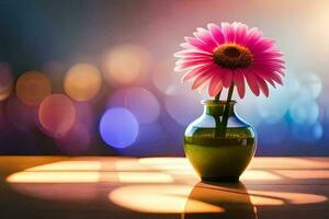 a pink flower in a vase on a table. AI-Generated photo