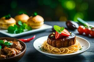 a plate of spaghetti and meatballs on a table. AI-Generated photo