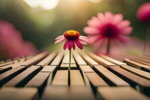 a flower sits on top of a wooden bench. AI-Generated photo