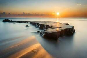 a long exposure photograph of a rock in the ocean. AI-Generated photo