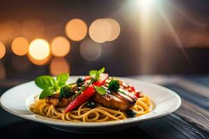 a plate of spaghetti with meat and vegetables on a table. AI-Generated photo
