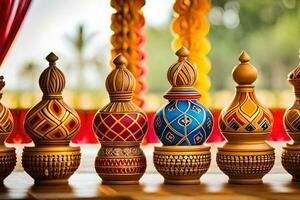 a row of colorful wooden vases with decorative designs. AI-Generated photo