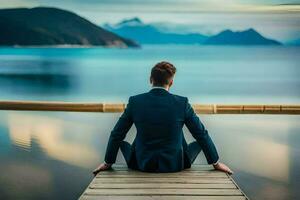 un hombre en un traje sentado en un muelle mirando fuera a el océano. generado por ai foto