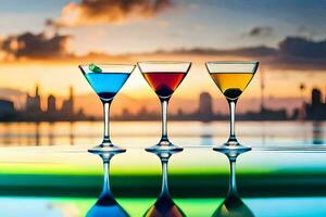 three martini glasses with colorful drinks on a table. AI-Generated photo