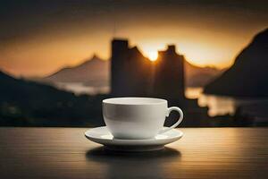 un taza de café en un mesa en frente de un hermosa vista. generado por ai foto