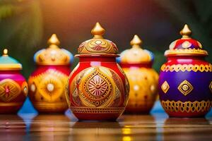 colorful diyas on a table with bright light. AI-Generated photo