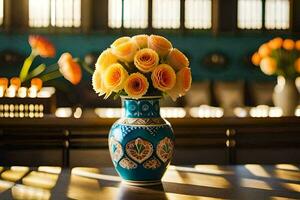 a vase with orange roses sitting on a table. AI-Generated photo
