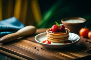 pancakes with strawberries and cream on a wooden cutting board. AI-Generated photo