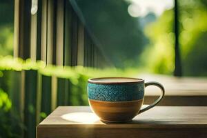 a cup of coffee on a wooden table in the morning. AI-Generated photo