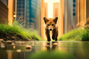 a fox walking through a city street with tall buildings in the background. AI-Generated photo