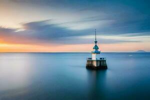 a lighthouse stands in the middle of the ocean. AI-Generated photo