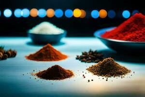 various spices and spices on a table. AI-Generated photo