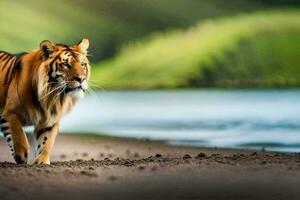 a tiger walking along the shore of a lake. AI-Generated photo