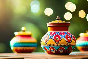 colorful pots on a wooden table with a blurry background. AI-Generated photo
